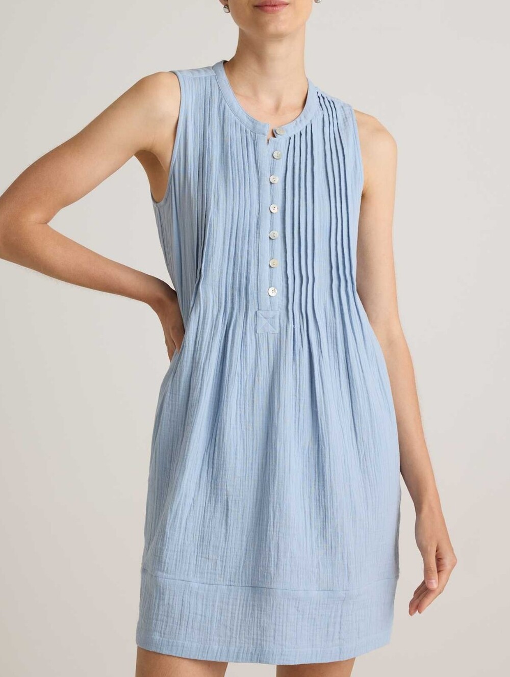 Quince Blue Pintuck Sleeveless Dress L Quince 100% Organic Cotton Gauze NEW